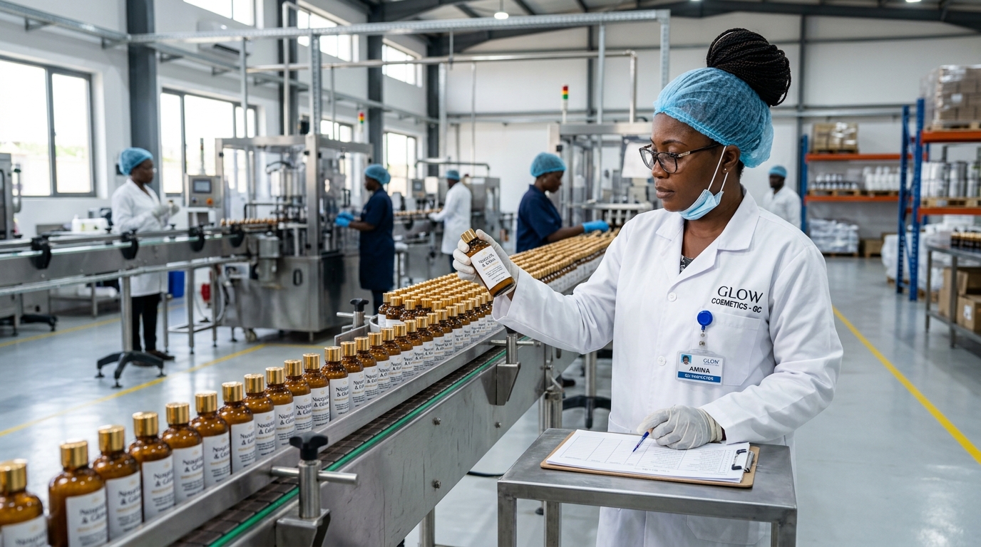 Black female cosmetics quality control inspector checking beauty products