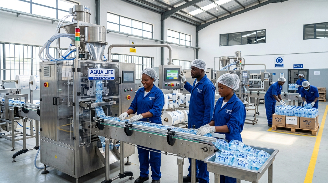 African workers operating automated sachet pure water packaging line