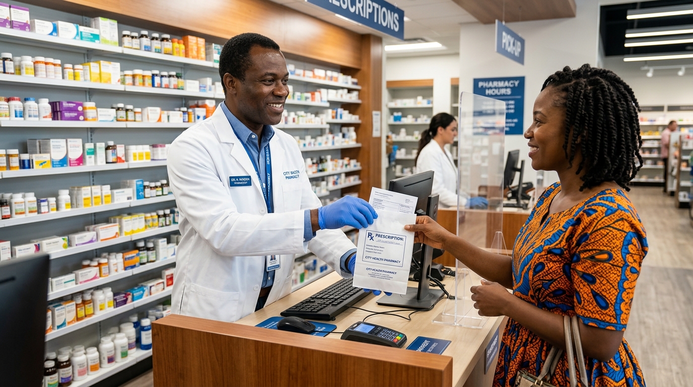 Black pharmacist handing prescription medicine to customer