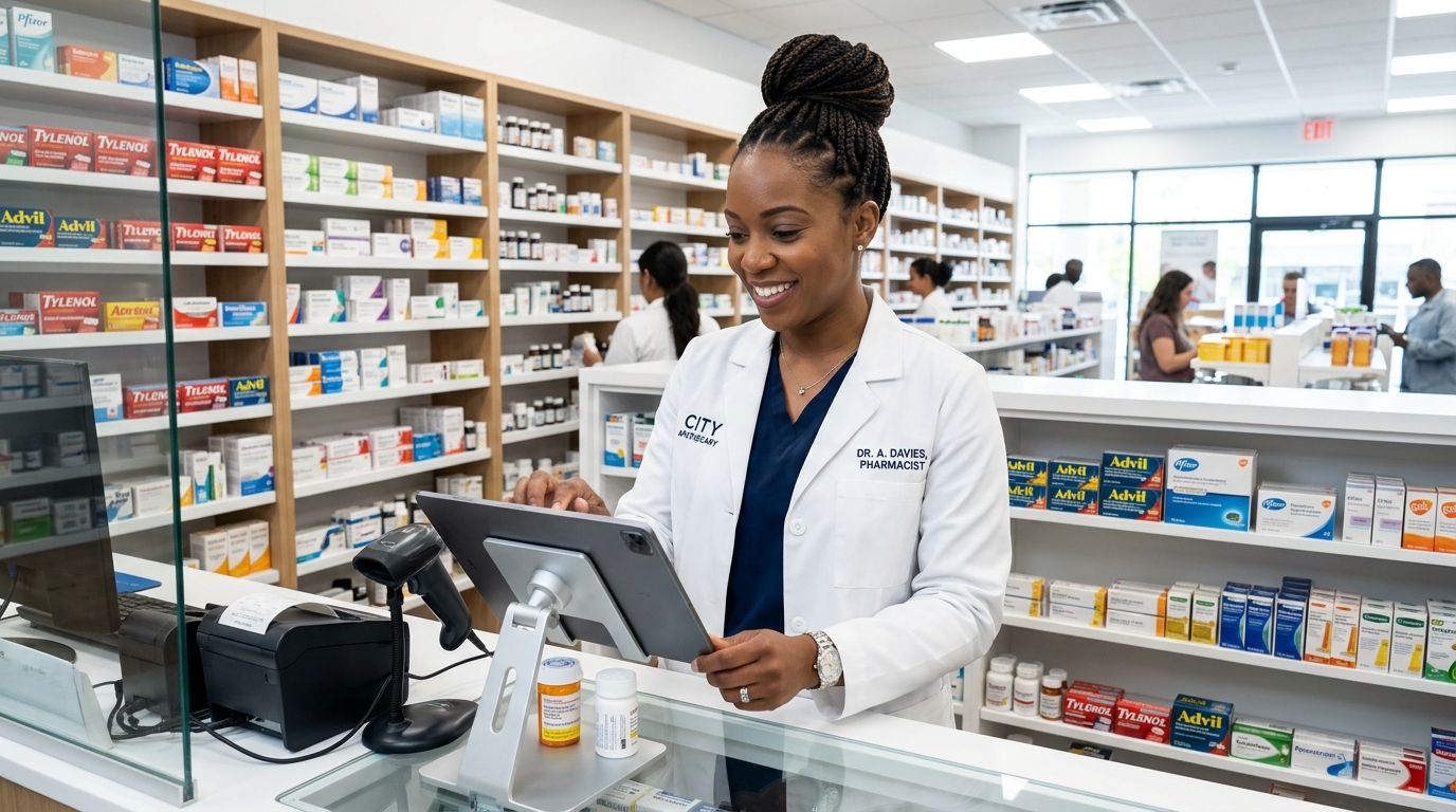 Black female pharmacist operating modern POS tablet at pharmacy counter