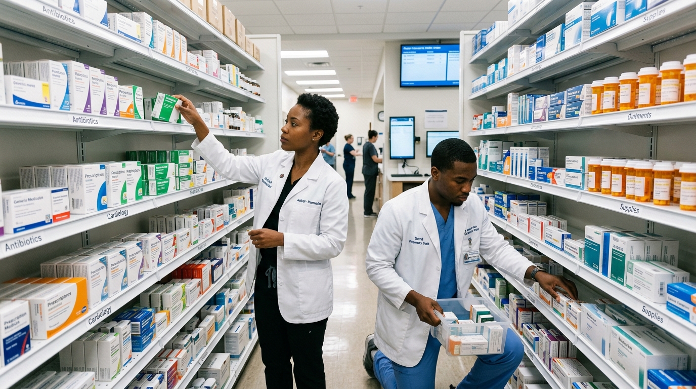 Black pharmacy staff organizing stocked medicine shelves during onsite setup
