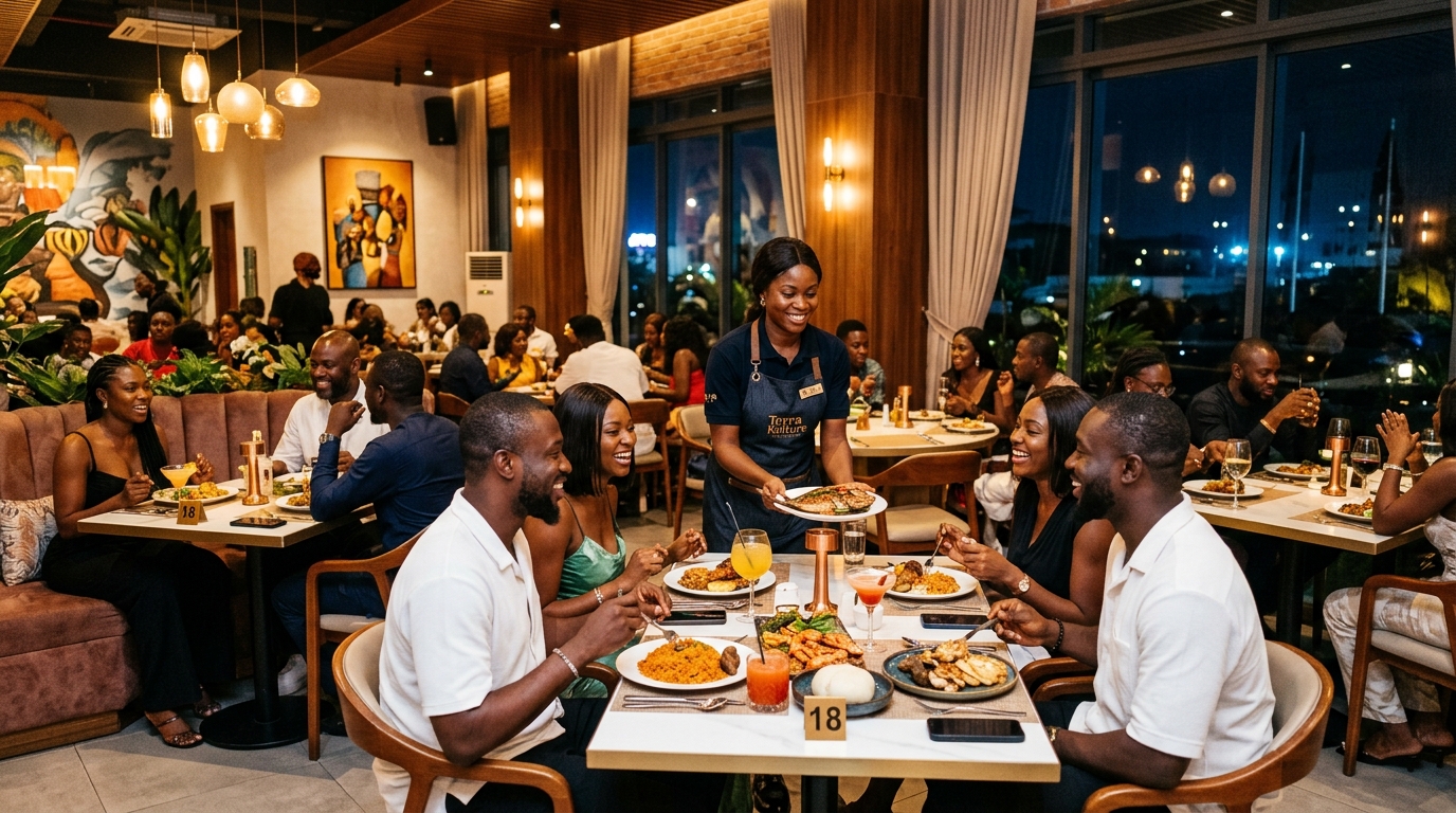 Bustling modern restaurant dining room in Nigeria