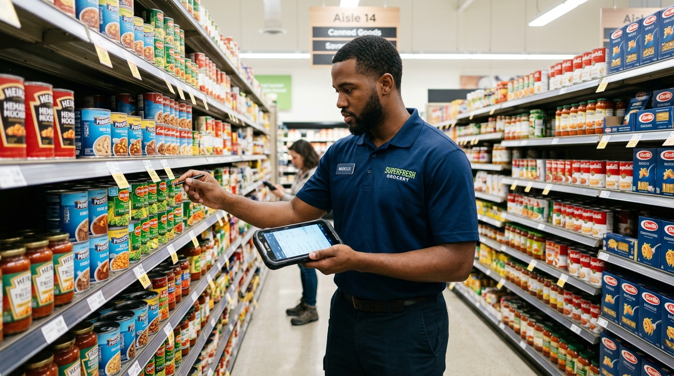 Store staff conducting inventory barcode scan audit