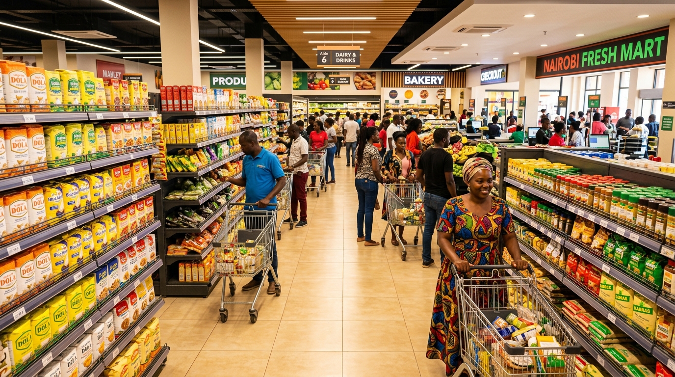 Modern African supermarket with stocked aisles and active shoppers
