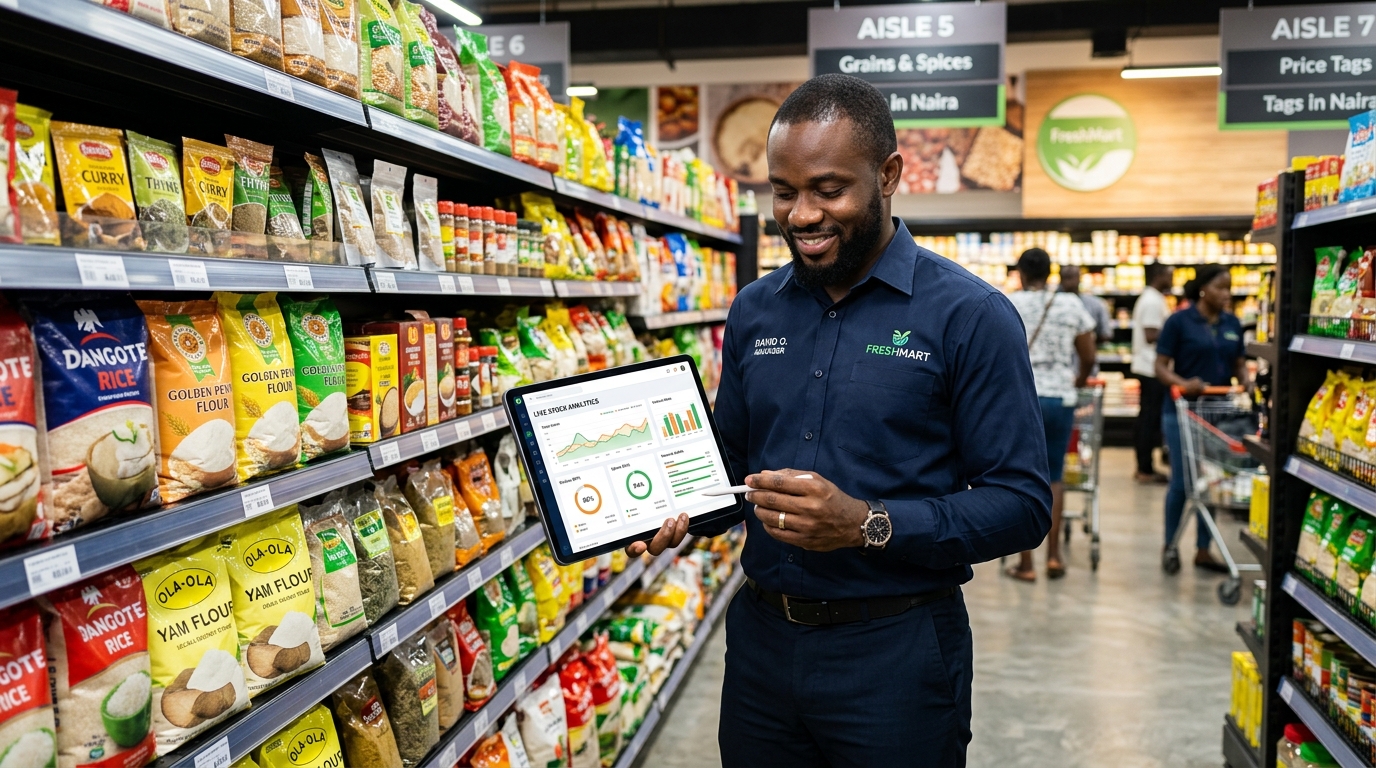Supermarket Manager reviewing live stock reports on a tablet